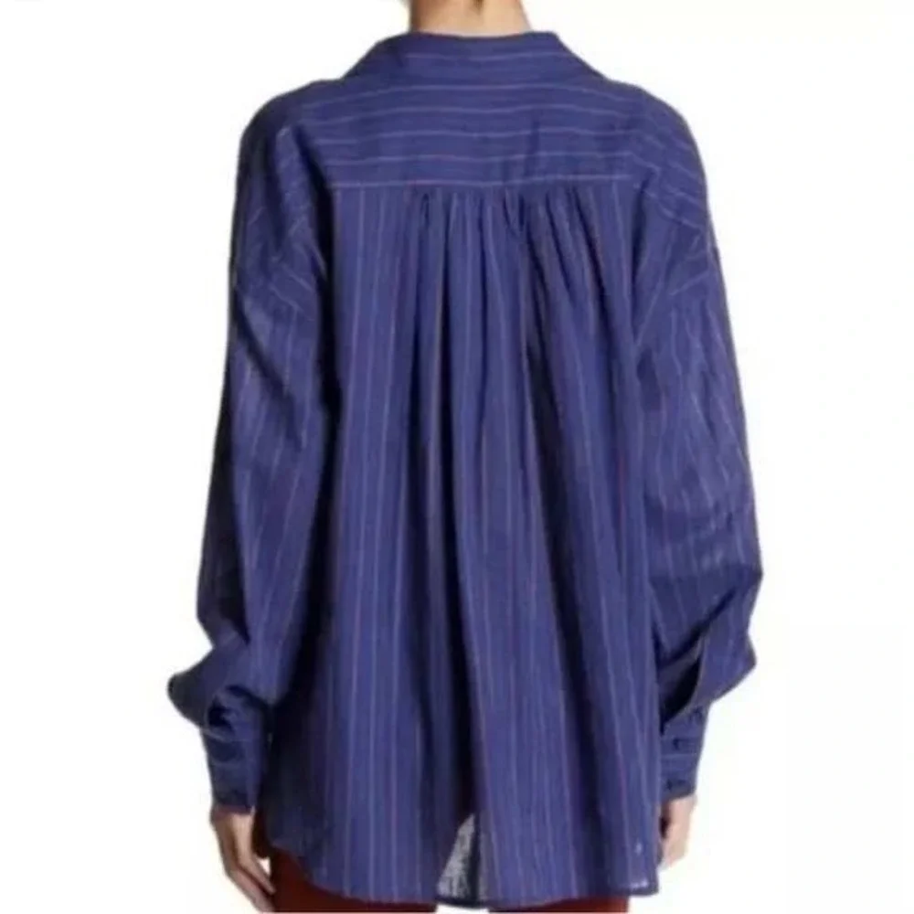 Free People Blue Red Stripe Corset Lace Up M Boho Peasant UNDER BOARDWALK‎ Tunic